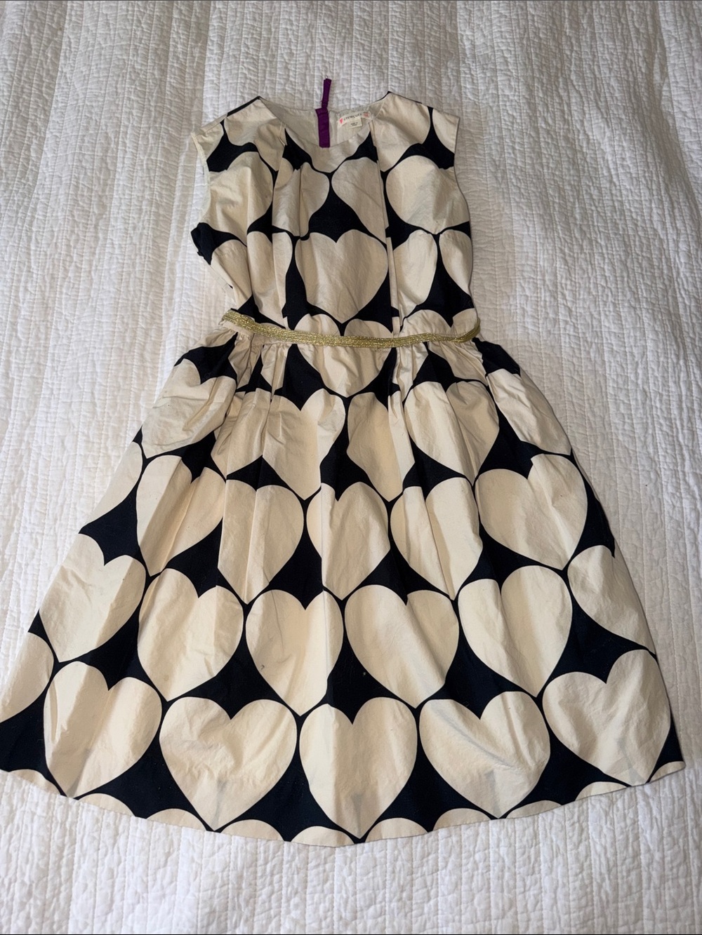 Crewcuts Black and Cream Heart-Print Fit & Flare Dress with Gold Belt